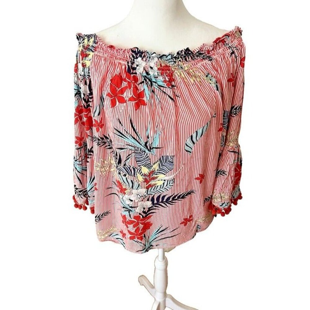 Large Grand & Greene Tropical Vacay Beachy Floral Blouse Flared Sleeves Pom Poms